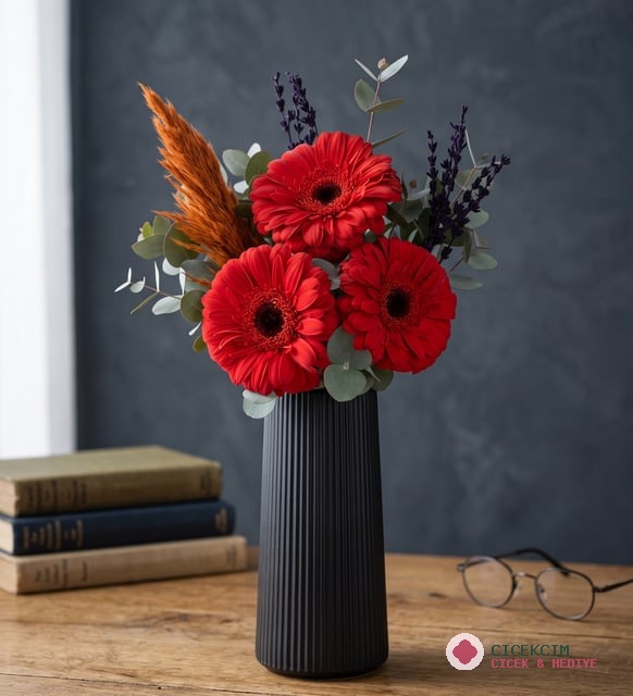 Siyah Çizgili Polimer Vazoda 3 Kırmızı Gerbera Çiçeği