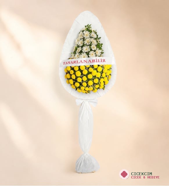 Kişiye Özel Beyaz Gerbera ve Sarı Çiçekli Çelenk