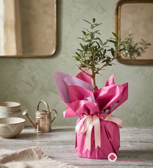 Pembe Buketli Polimer Saksıda Zeytin Ağacı Bonsai