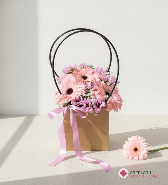 Kraft Taşıma Çantasında Gerbera ve Papatyalar