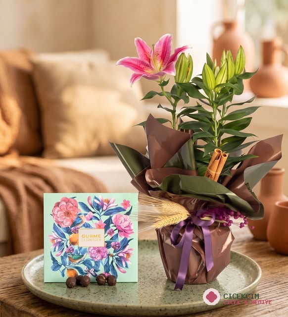 Yeşil Kahverengi Bukette Pembe Lilyum ve Gurme Lezzetler