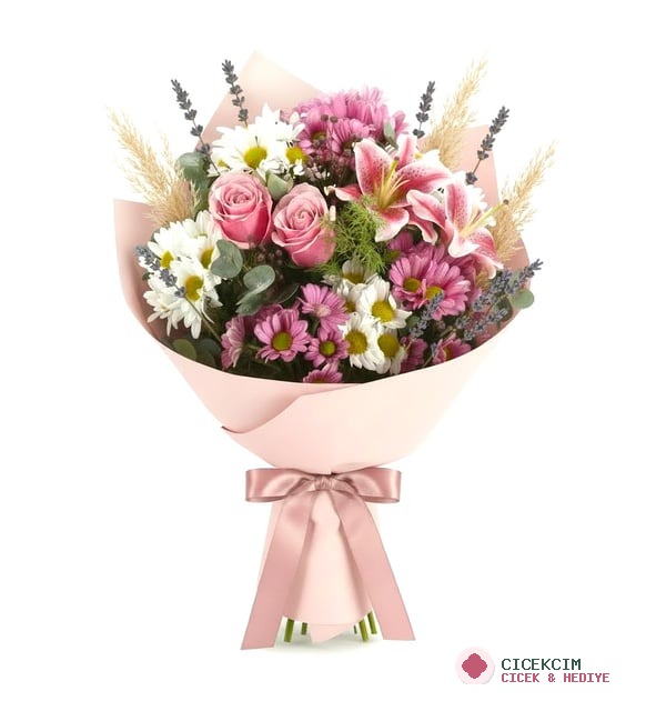 Tasarım Bukette Pembe Lilyumlar ve Papatyalar